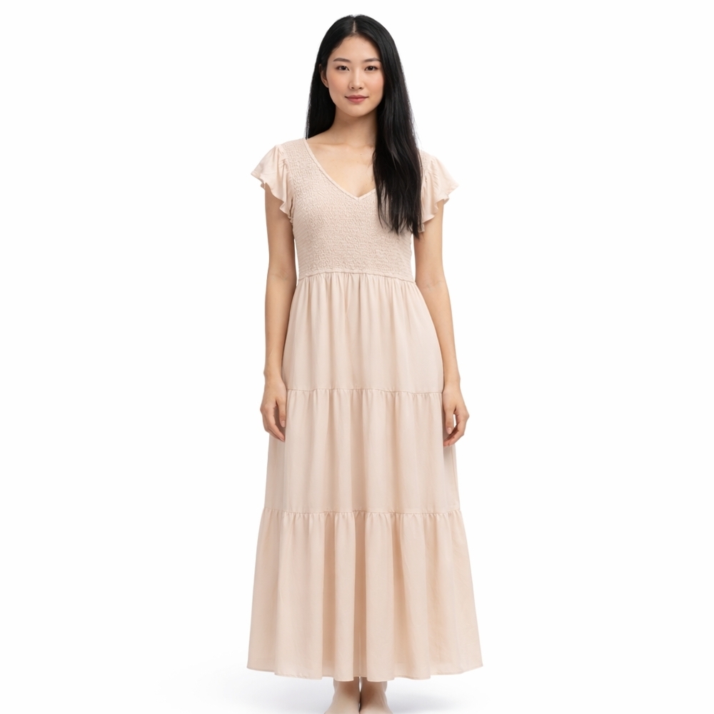 MEROKEETY Women's V Neck Ruffle Sleeve Smocked Midi Dress Size Large Modest Boho